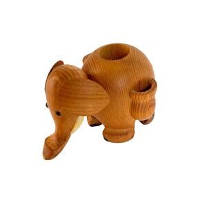 VTG Handcarved Wooden Elephant Toothpick Match Holder 3x5.5" MCM w/Tusks Tail